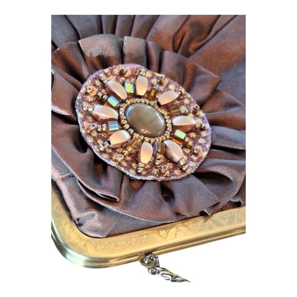 Chocolate Brown Satin Clutch with Chain Wedding Holiday Party Special Occasion - Picture 2 of 15